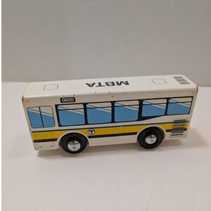 MBTA Boston Wooden Bus Toy White Blue Yellow Massachusetts Transit Maxim Ent